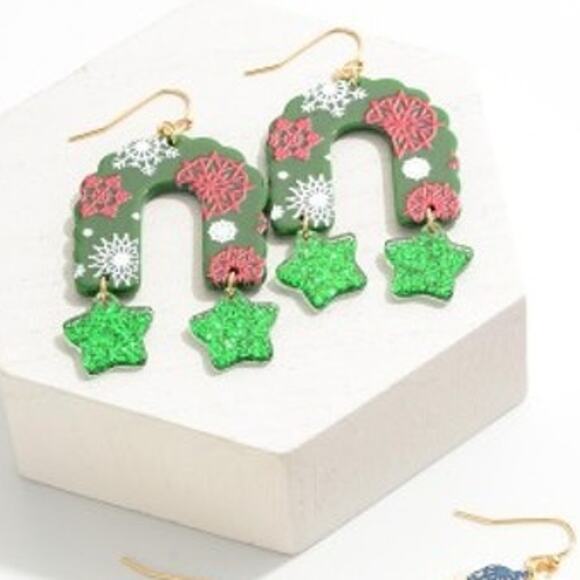 Acrylic Snowflake Garland Arch Drop Earrings with Glitter Star Dangle Green - Picture 2 of 3